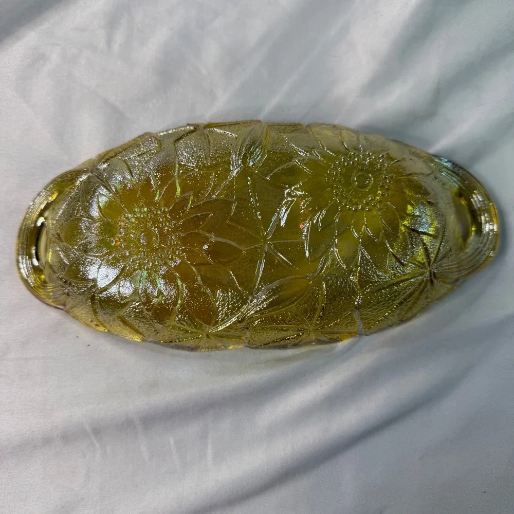 Vintage Sunflower Carnival Glass Relish Dish Marigold Iridescent Amber Tray